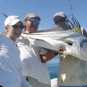 Rosario Tortorice, Mike and Adolfo with a nice rooster on the panga Dos Hermanos